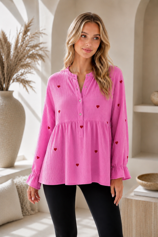 ⊹ HEART Musselinbluse Pink ⊹